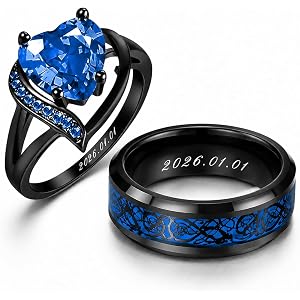 FIAEKIOEOR Personalized Couples Promise Rings Set, Engraved Heart CZ Matching Wedding Rings for Him and Her, Romantic Jewelry