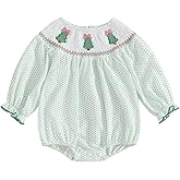 Sasaerucure Newborn Infant Baby Girl Christmas Tree Outfit Green Polka Dot Onesie Long Sleeve Smocked Bubble Romper Clothes