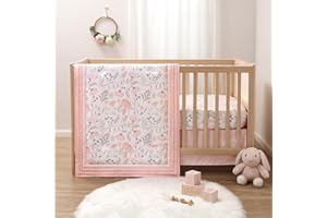 The Peanutshell Whimsical Floral 3 Piece Baby Crib Bedding Set for Girls, Pink Botanical Nursery Decor, Reversible Comforter,