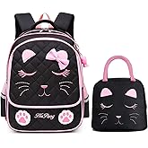 Cute Cat Black School Backpack with Lunch Bag for 8-16 Year Old Girls, Elementary School Bags Bookbags for Kids