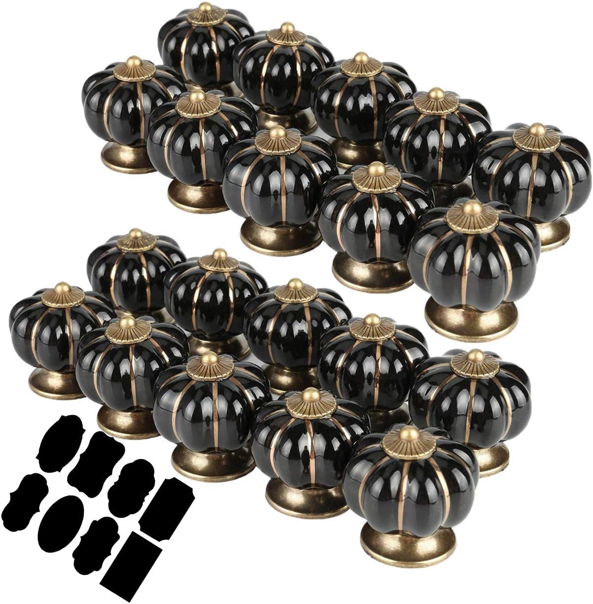 AbbottoKaylan 20 Pcs Ceramic Cupboard Drawer Dresser Handles Knobs Cabinets Doors Furniture Kitchen Home Decorating (Black) Labels 80 Pcs Stickers