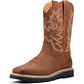 SUREWAY Men's Western Cowboy Boots-Steel Toe,Waterproof Square Toe Work Boots for Men,Comfortable & Durable,Oil/Slip Resistant,Thicker Leather,Rubber Sole,Work Shoes With Embroidered