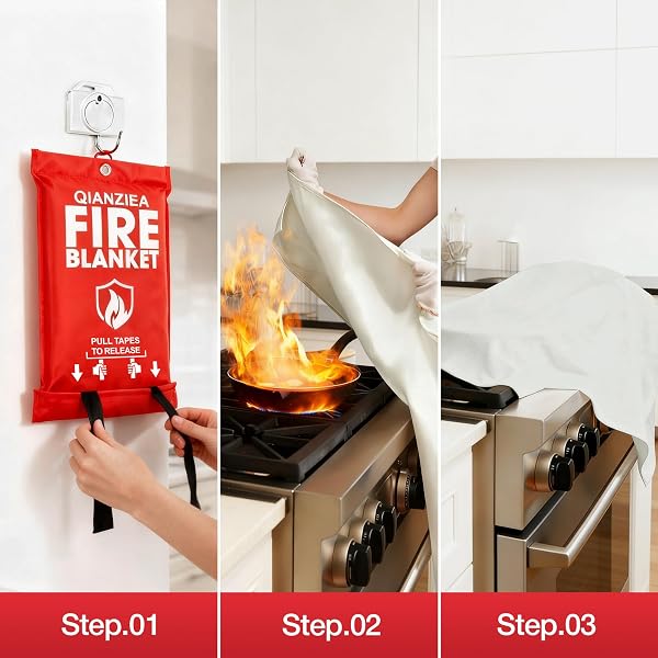 QIANZIEA 4 PACK FIRE BLANKET 40” X 40” – EMERGENCY FIRE BLANKET FOR KITCHEN & HOME, FIBERGLASS FIRE SUPPRESSION BLANKET