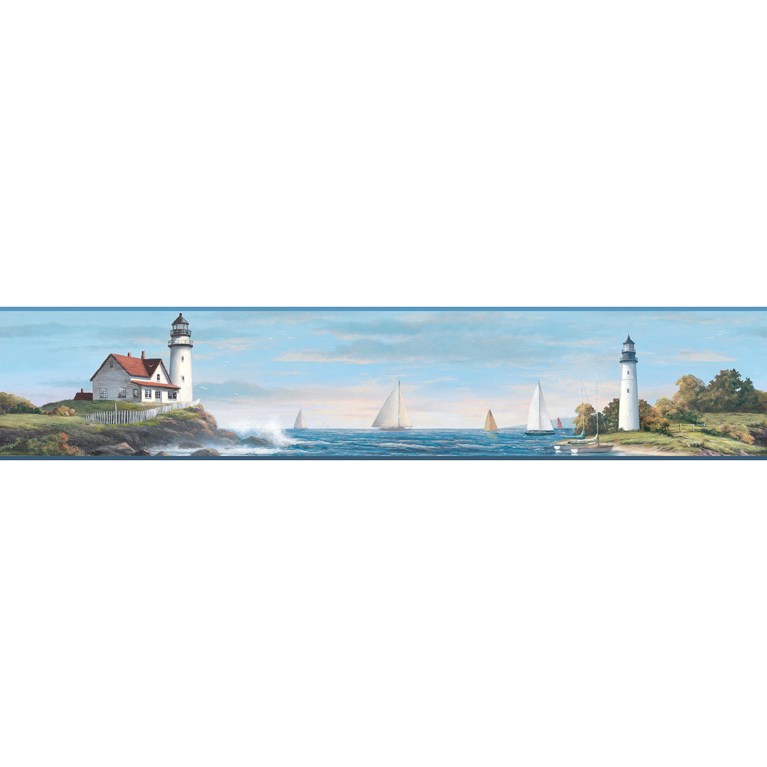 York Wallcoverings Nautical Living Sailing Lighthouse Border, Bright Blue/White/Shades of Green/Dark Brown/Red