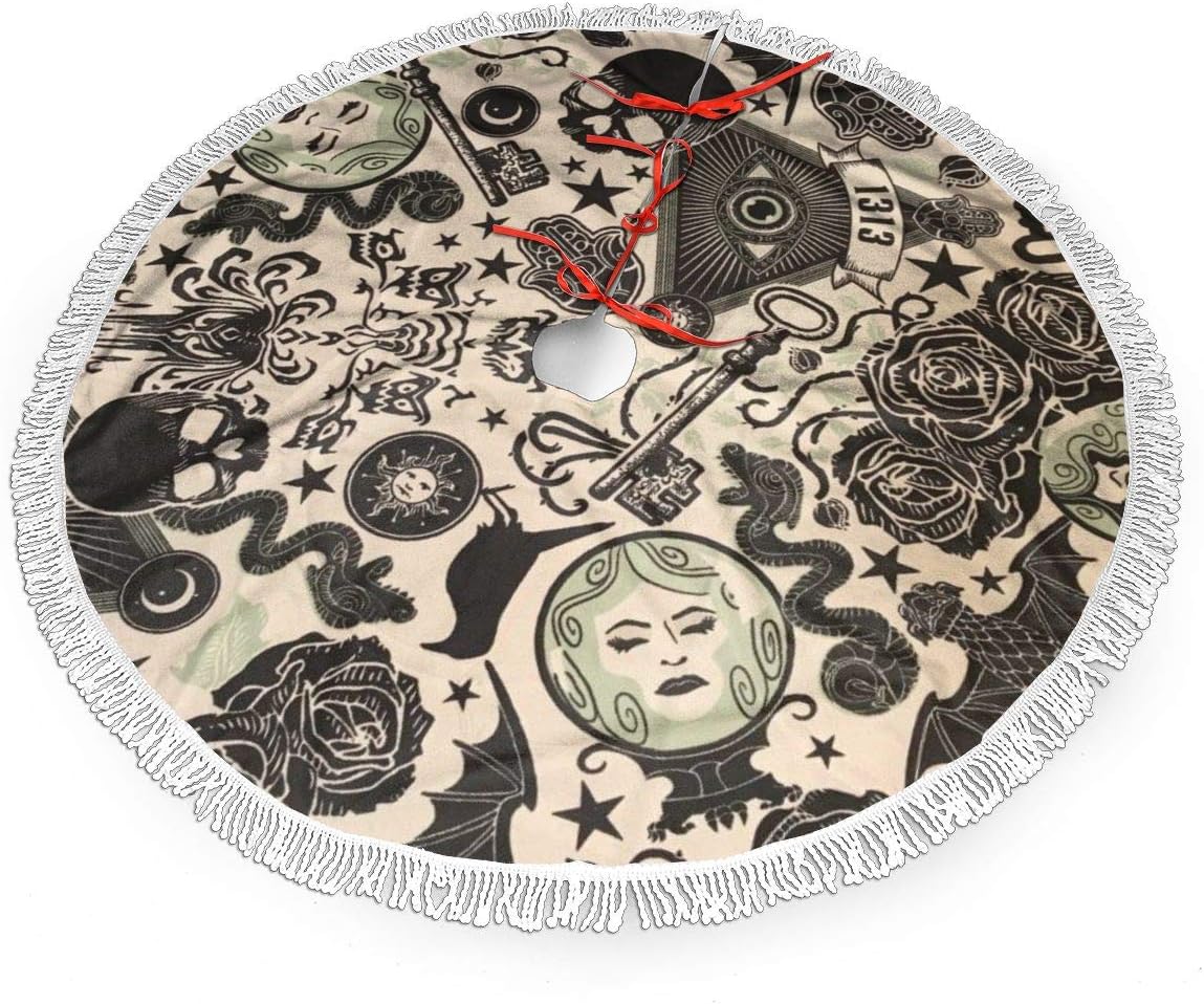 YANGPI Haunted Mansion Silk Painting Christmas Tree Skirt for Decor, New Year Festive Holiday Party Decoration with White Fringed Lace