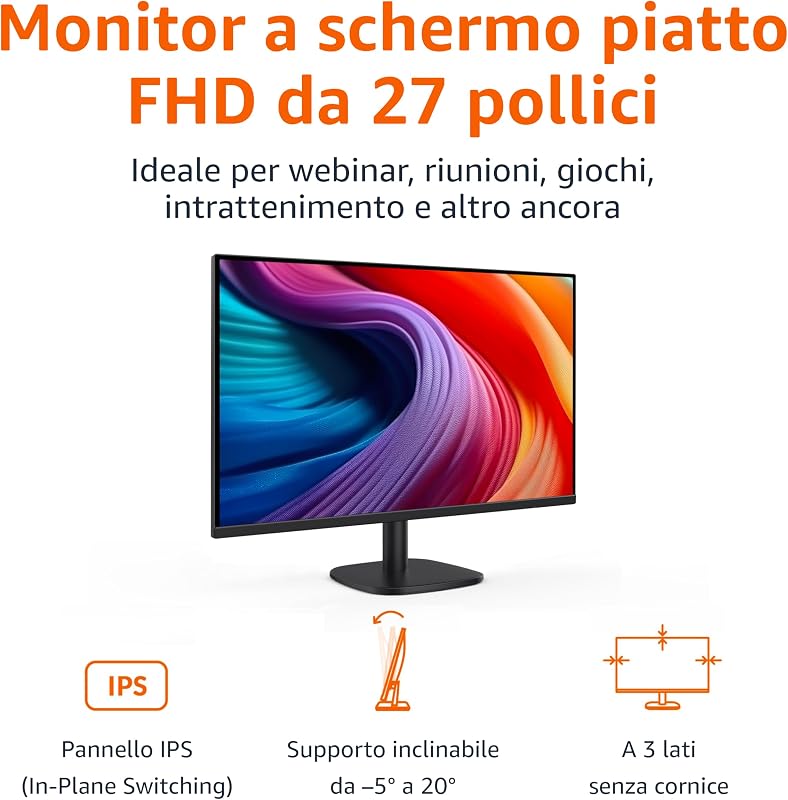 Monitor da 27", FHD 1080p, massimo 100 Hz, compatibile con VESA, altoparlanti integrati, Nero