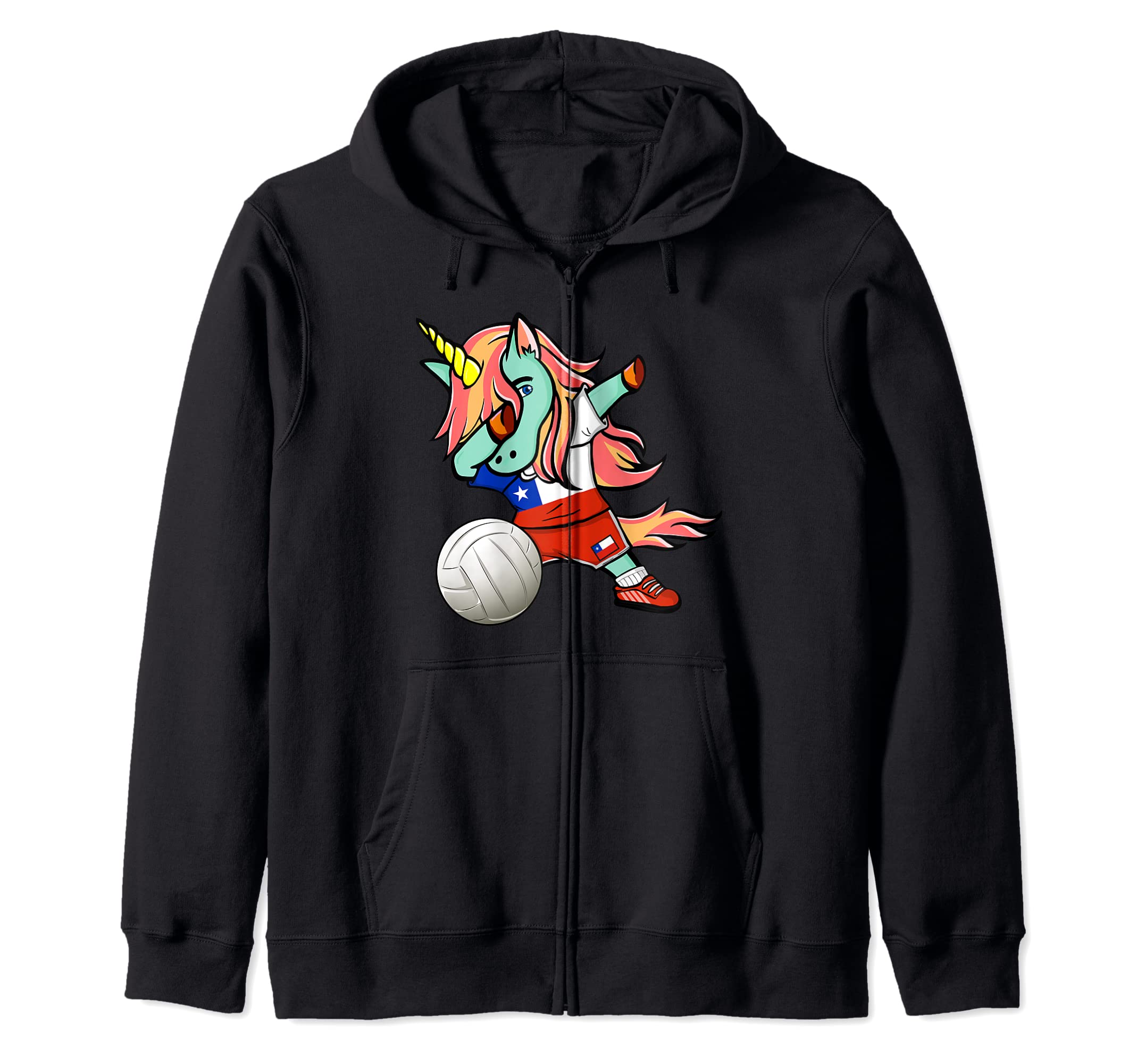 Dabbing Unicorn Chile Volleyball Lovers Jersey Chilean Flag Zip Hoodie