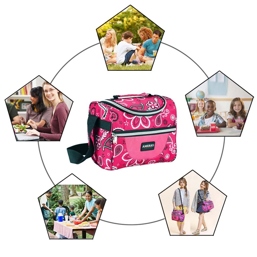 Insulated lunch bag for kids, AMERIO Lunch Box For Work Men, Women, Smooth Zipper& Lightweight, Small Lunch Box for Grils with Adjustable Strap (Pink)