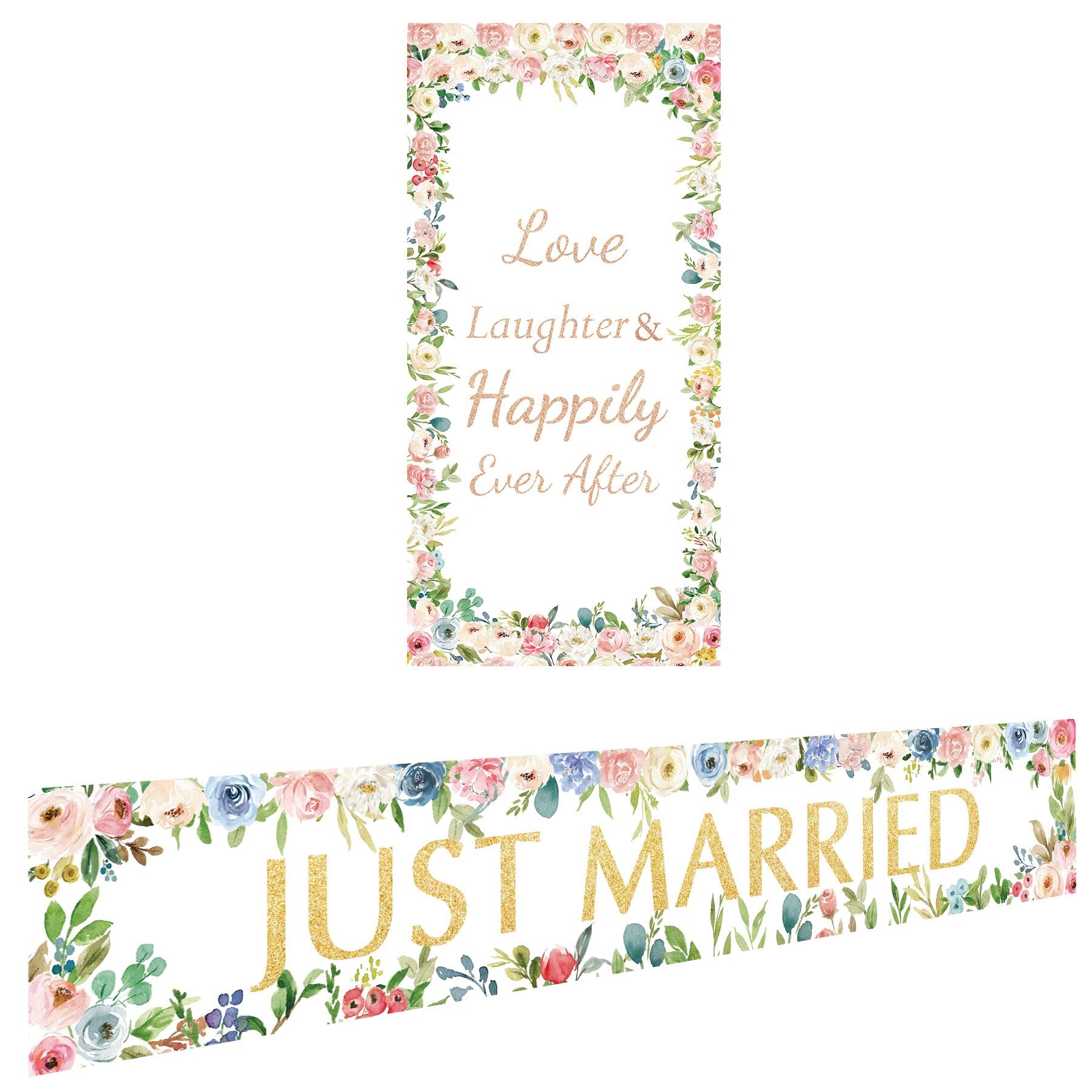 Photo 1 of Just Married Banner Backdrop & Love Laughter Happily Ever After Door Banner, Wedding Engagement Party Decorations Photo Booth Props Gift Sign Supplies, Bridal Shower Decor for Outdoor Indoor
