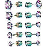5 Pairs 316L Stainless Steel Screw Flat Back Earrings Cubic Zirconia Stud Earrings Titanium Earrings for Women Men