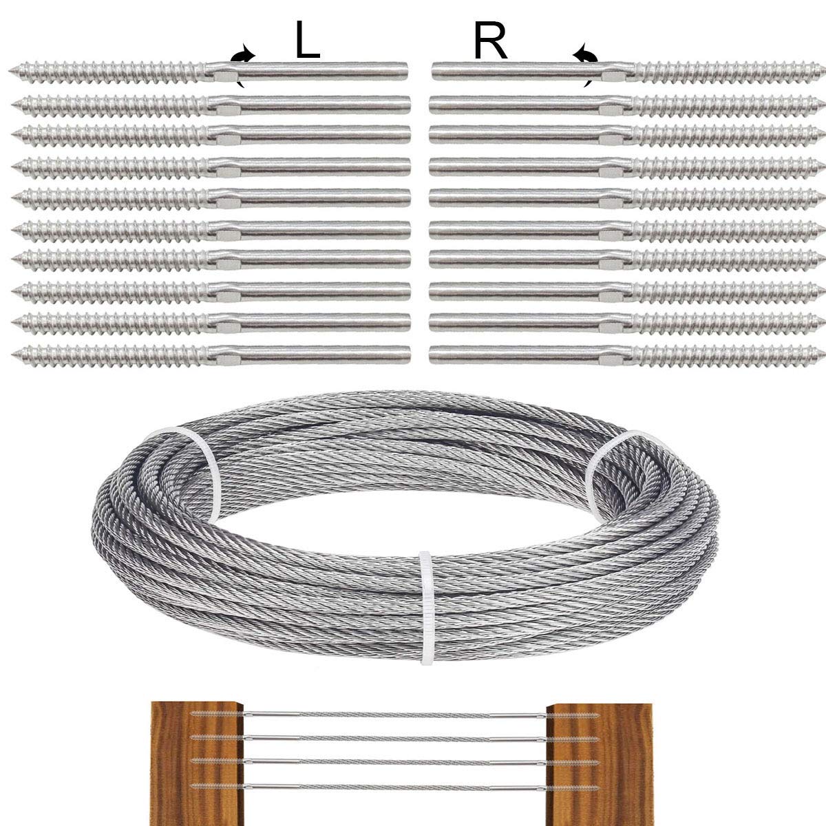 TooTaci T316 Stainless Steel Wire Rope, 3mm Wire Balustrade Kit, Cable Railing Kit Include 30M/ 3mm Steel Cable 7×7 Strands Uncoated, 20 pcs Tensioner Swage Lag Screws for Deck, Fence