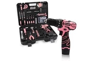 YOUGFIN Pink Drill Set for Women, Tool Kit with Drill 12V or Home Office Repairing & Improvement, Household Drill Set Power Tool with Pink Tool Box 195 Pieces