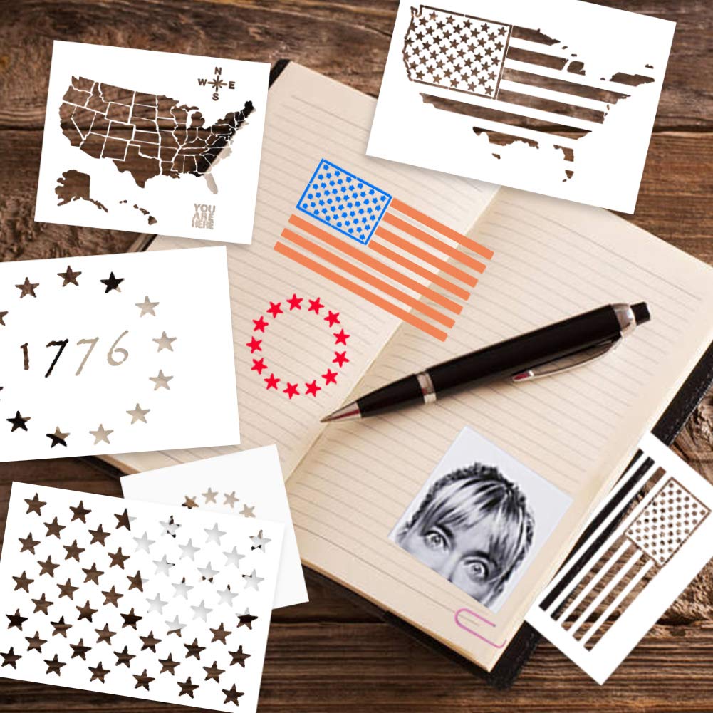 USTOP Plastic Stencil Template, 7PCS Stars U.S 50 Star Maps Flags 13 Star 1776 Stencils for Journal, Planner, Notebook, Wood, Paper, Fabric, Glass, and Wall Art Graffiti Drawing Painting