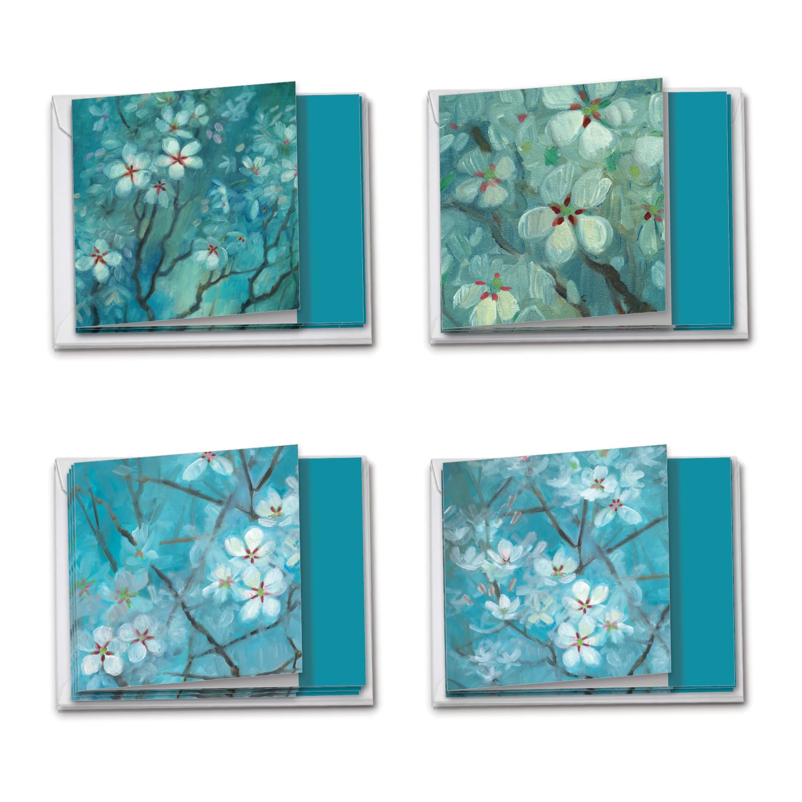 MQ4596SMG-B3x4 Blooming Branches: 10 Assorted 'Square-Top' Sympathy Note Cards Featuring Coordinating Images of a Beautiful Flowering Tree with Pink and White Blooms with Envelopes.