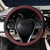 Mihecor Steering Wheel Cover Universal Standard Size 14.5-15 inch, Breathable Microfiber Leather, Anti-Slip, Soft Grip, Fits Most Cars SUVs Trucks, Black and Burgundy