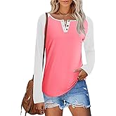 IECCP Long Sleeve Shirts for Women Casual Henley Tops Loose Fit Tshirt Dressy Color Block V Neck Button Womens Tunic Blouse