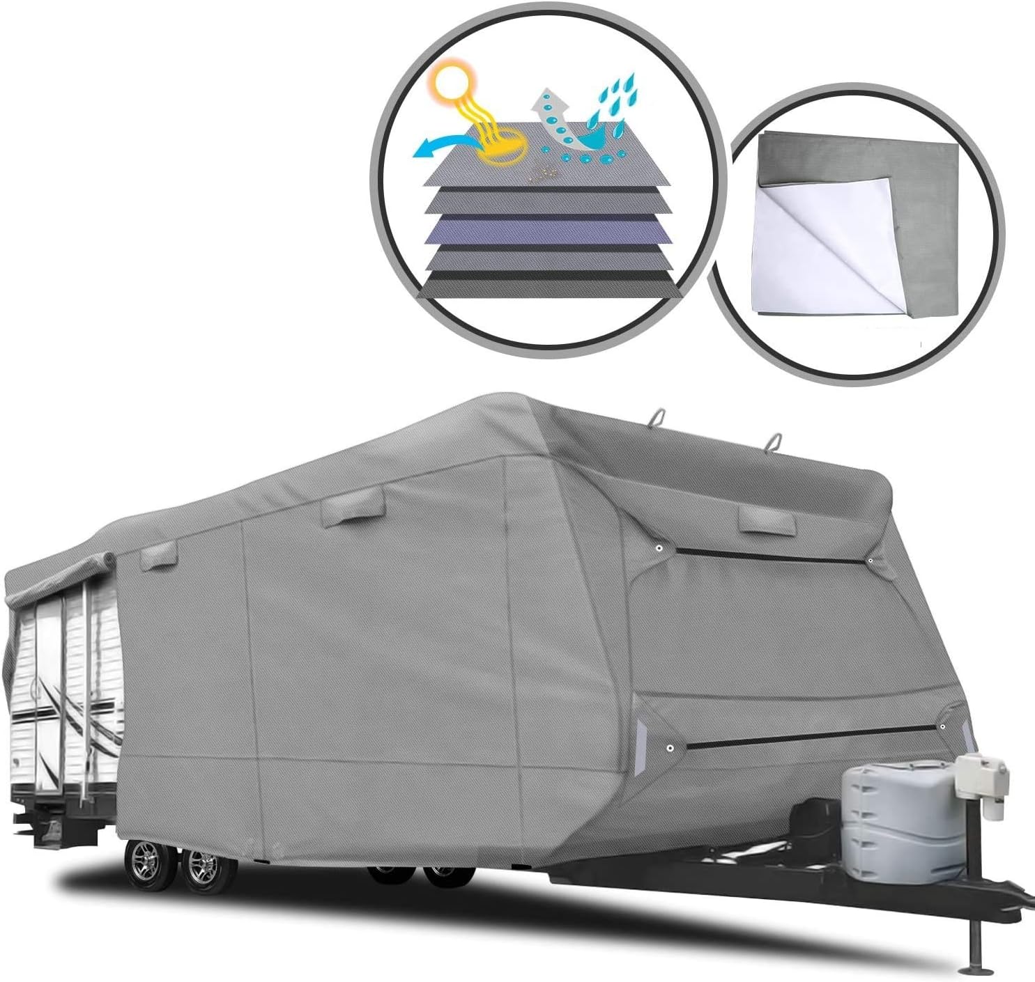 RVMasking 5-ply Top Travel Trailer RV Cover, Fits 28'7" - 31'6" RVs - Breathable Waterproof Anti-UV Ripstop Camper Cover with 15 PCS Windproof Buckles & Adhesive Repair Patch (25.4"&59")