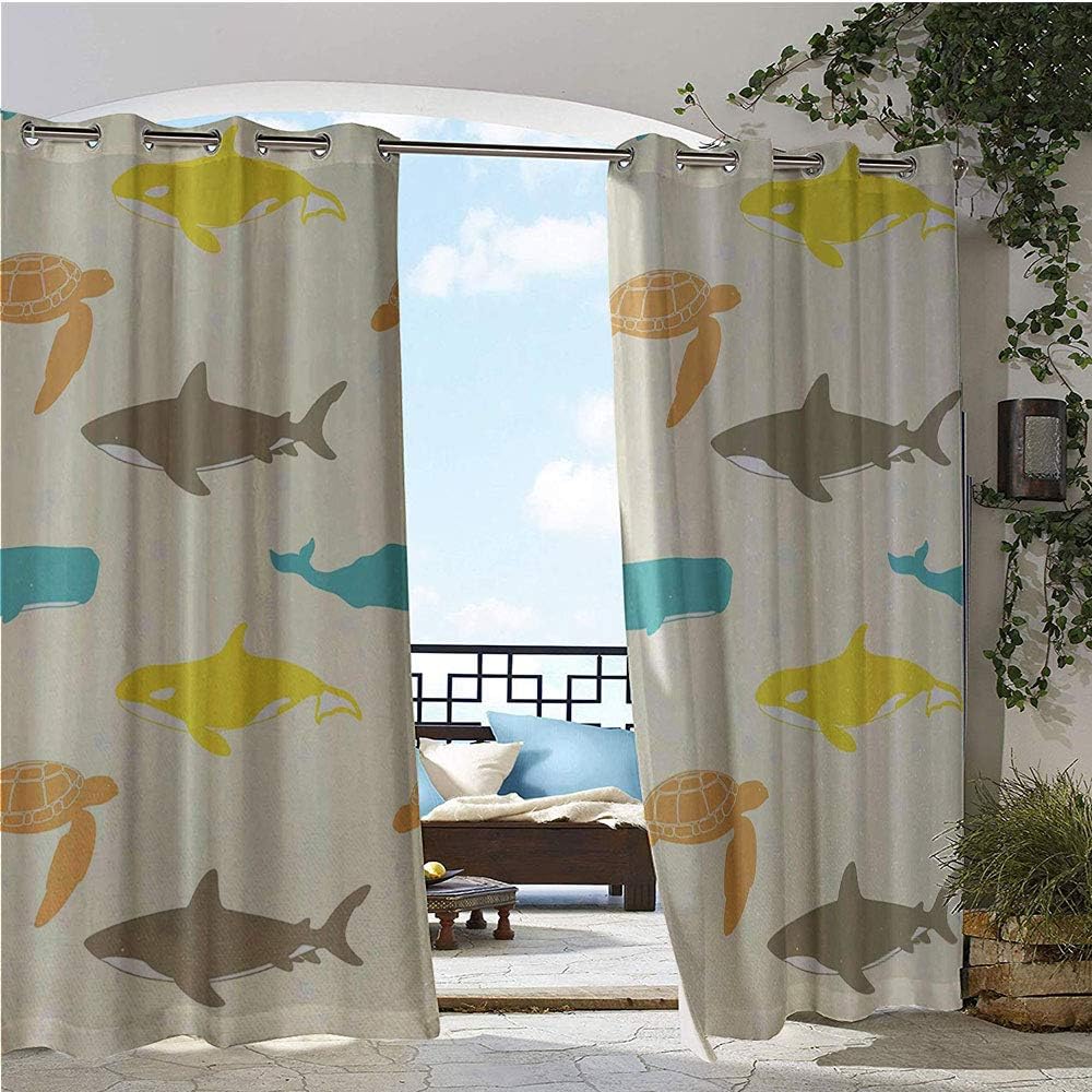 Outdoor- Free Standing Outdoor Privacy Curtain, Pattern with Whale, for Front Porch Covered Patio Gazebo Dock Beach Home W96 x L96 Inch Shark and Turtle Aquarium Doodle Style Marine Life