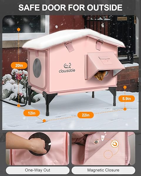 UPGRADED HEATED CAT HOUSE FOR OUTSIDE ESCAPE DOOR, HIGHLY INSULATED HEATED OUTDOOR CAT HOUSE WATERPROOF AWNING, WEATHERPROOF OUTDOOR FERAL CAT SHELTER FOR STRAY WINTER