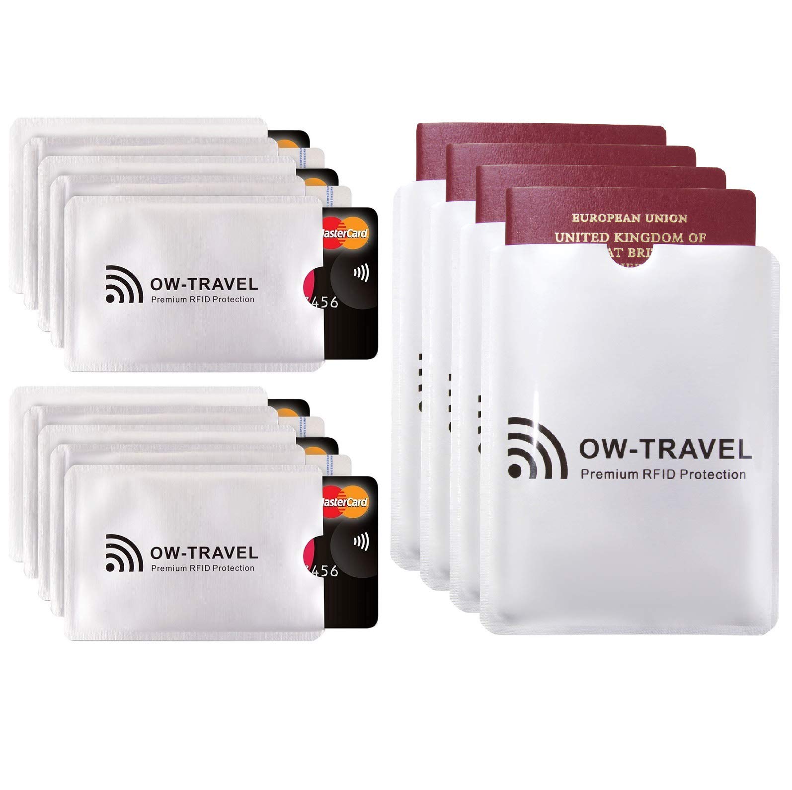OW-Travel RFID Card Holder Protector Sleeves (10 Pack) Passport Cover (4 Pack) RFID Blocking Card Protector Sleeves for Contactless Cards. Slim Shielded Blocker Wallets for Men and Holders for Women