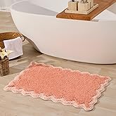 ORTIGIA Cute Coral Pink Scalloped Bath Mat, Fun Plush Microfiber Scallop Bathroom Rugs Non Slip Washable Quick Dry Absorbent, Bath Rug Carpet for Shower Stall Vanities Kitchen Floor Entrance, 20x32