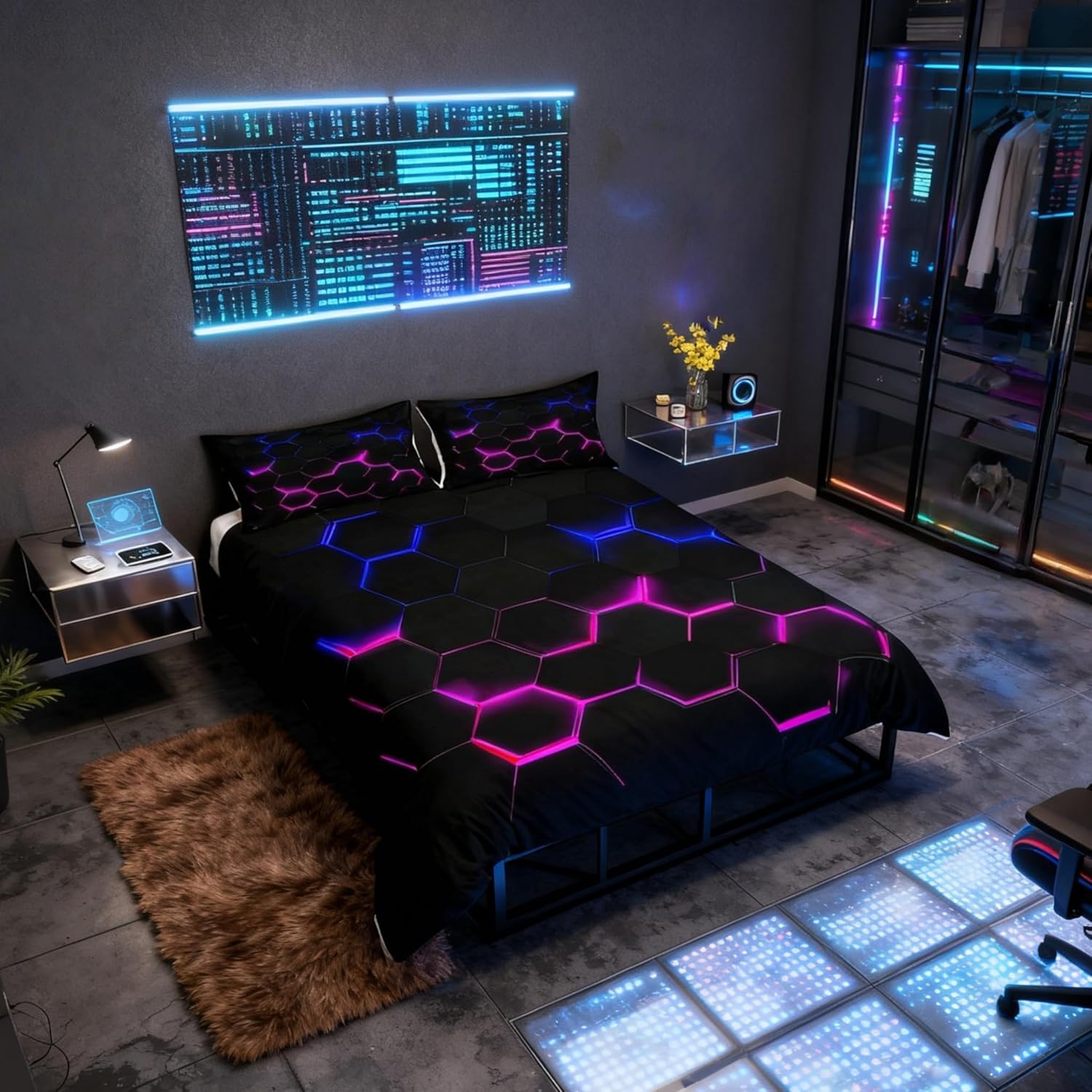 feelingyou 3D Honeycomb Duvet Cover Set Double,Hexagon Theme with Pink Blue Neon Lights Comforter Cover,Boys Teen Man Chic Creative Home Bedding Quilt Cover 3 Piece with 2 Pillowcases,Black — image 1