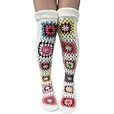 Leoparts Crochet Thigh High Socks Granny Square Over Knee High Retro Knitted Stocking Colorful Leg Warmers