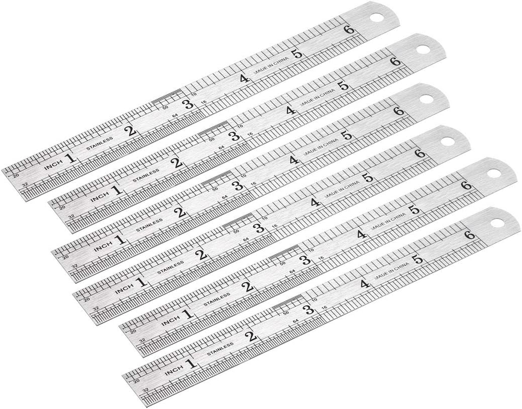 sourcing map Stainless Steel Ruler 6-inch (15cm) Straight Ruler Inches and Metric for Measuring Drawing 6pcs