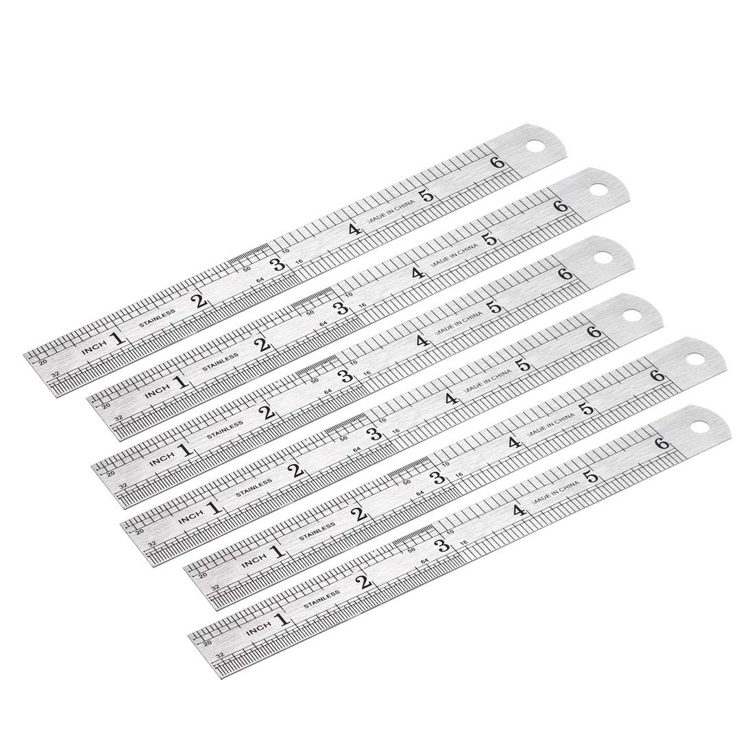 sourcing map Stainless Steel Ruler 6-inch (15cm) Straight Ruler Inches and Metric for Measuring Drawing 6pcs