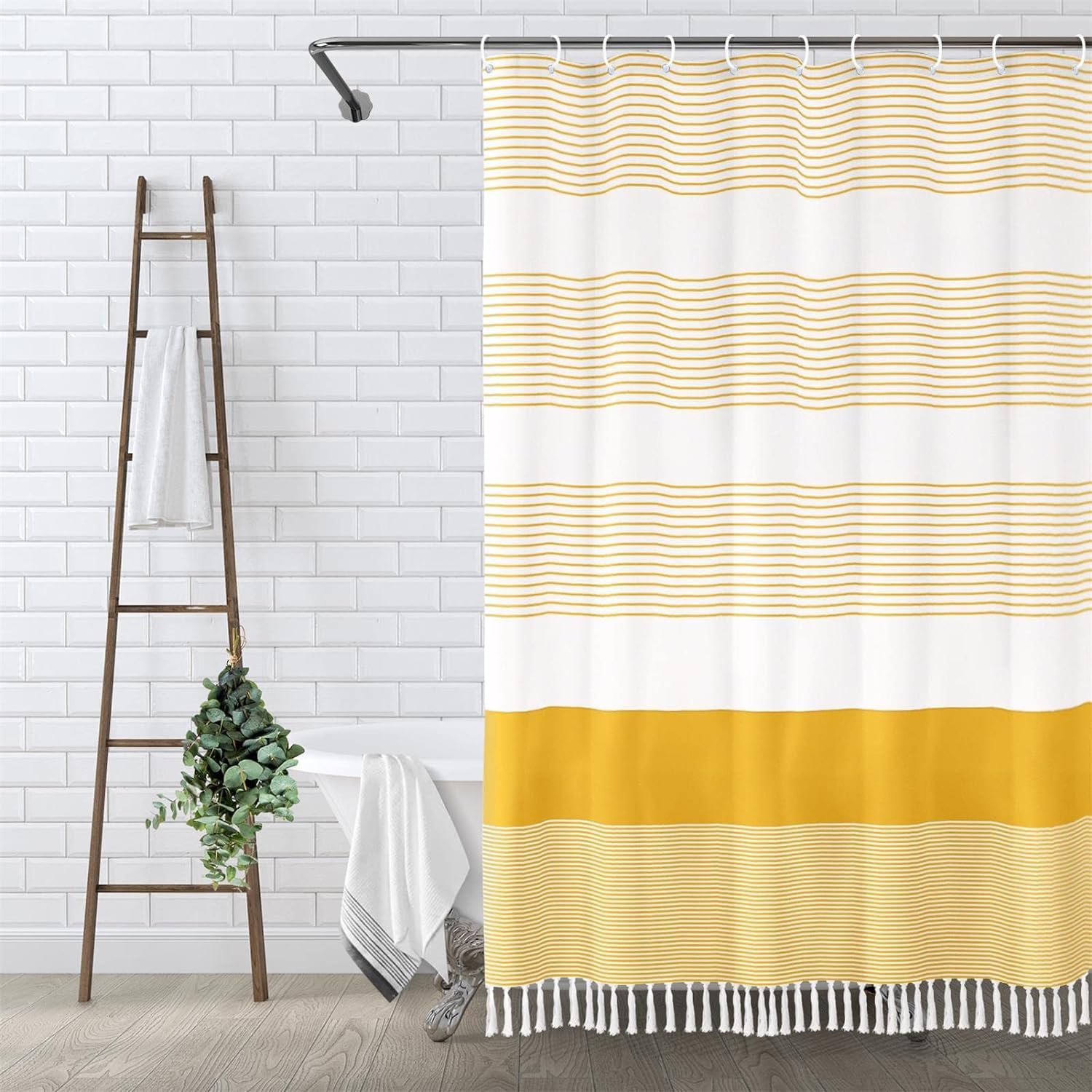 Photo 1 of Awellife Boho Yellow Shower Curtain for Bathroom Stripe Tassel Shower Curtain 72 X 72 Inches Farmhouse Cotton
