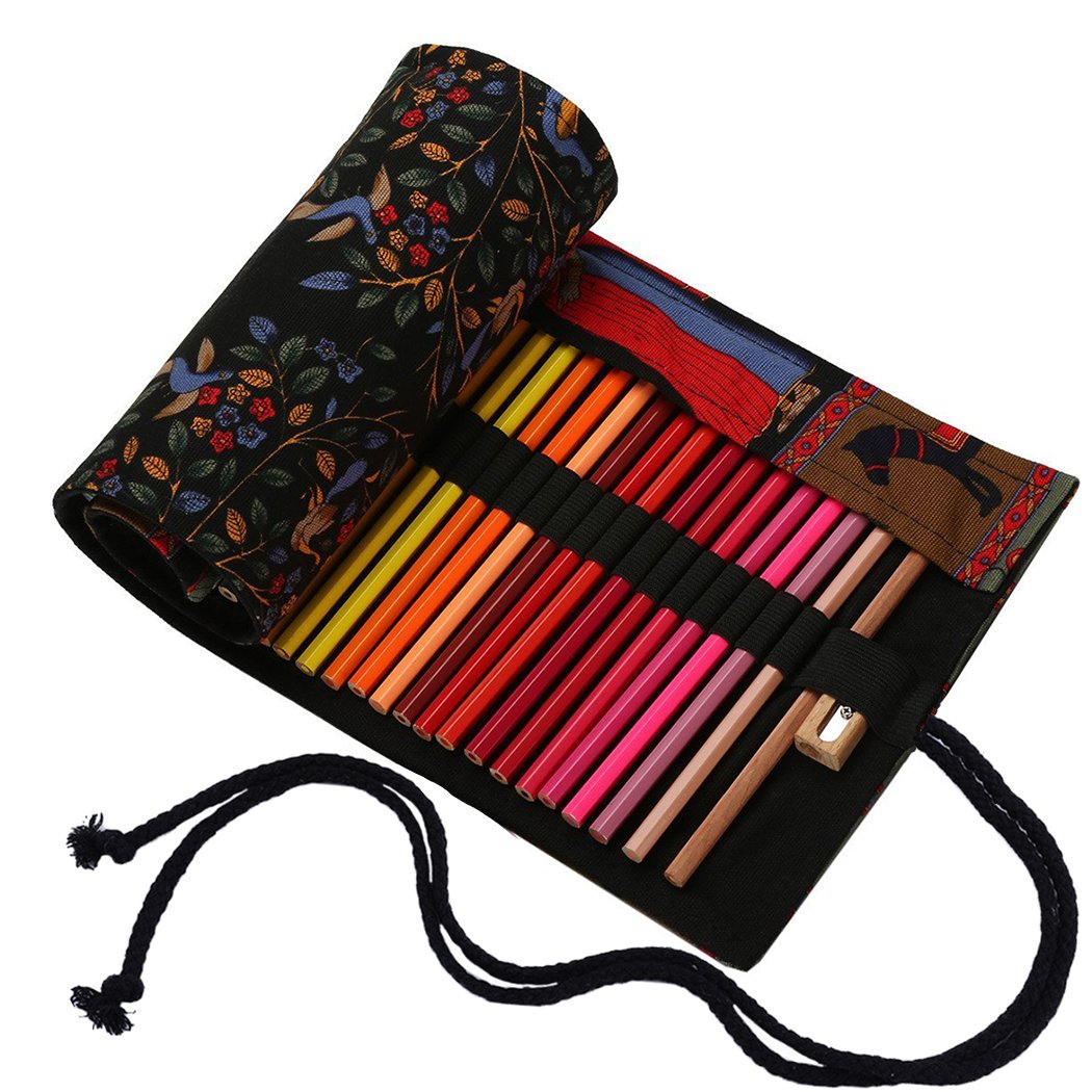 Amoyie Roll Up Pencil Case for 36 Coloured Pencils, Foldable Colouring Pens Organiser Bag, Artist Wrap, Canvas Holder, Black Tree