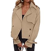 ZESICA Womens Long Sleeve Crop Trench Coat Lapel Double Breasted Loose Casual Jacket with Pockets