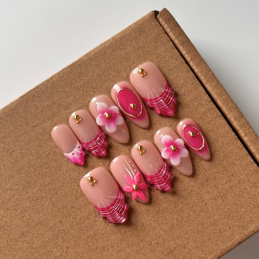 Photo 1 of Press On Nails - Luxury Medium Almond 3D False Nails Women Reusable ABS Material Finger Printed Nail Tip French Salon Design Artificial Fingernail (Size M)