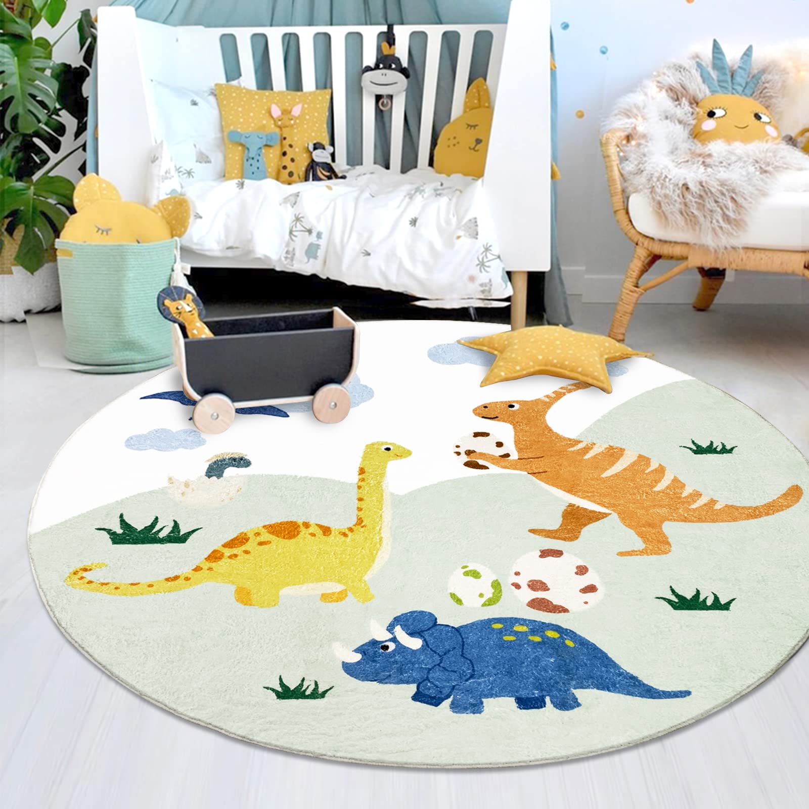 Abeigoi Dinosaur Kids Rug 4Ft Round Animal Playmat Soft Dino Bedroom ...