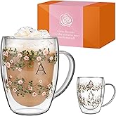 Aoshin Initial Glass Cup for Women, 12oz Rose Double Walled Glass Coffee Mugs, Personalized Gifts for Women, Initial Coffee Tea Mug with Scarf, Birthday Gifts for Her Mom Friend (ROSE-A)