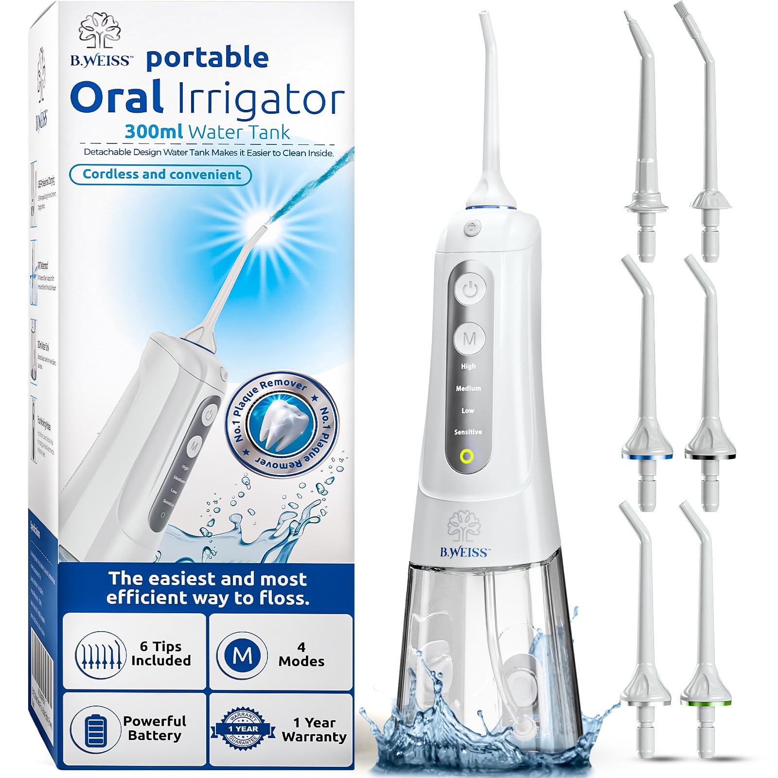 Photo 1 of Water Flosser Cordless Pick for Teeth, 4 Modes, Gentle on Gums, Removes Plaque & Food Particles, B. WEISS High-Power, Rechargeable & Waterproof Oral Irrigator; 6 Replacement Tips Included