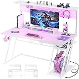 55'' White Gaming Desk with Hutch and LED