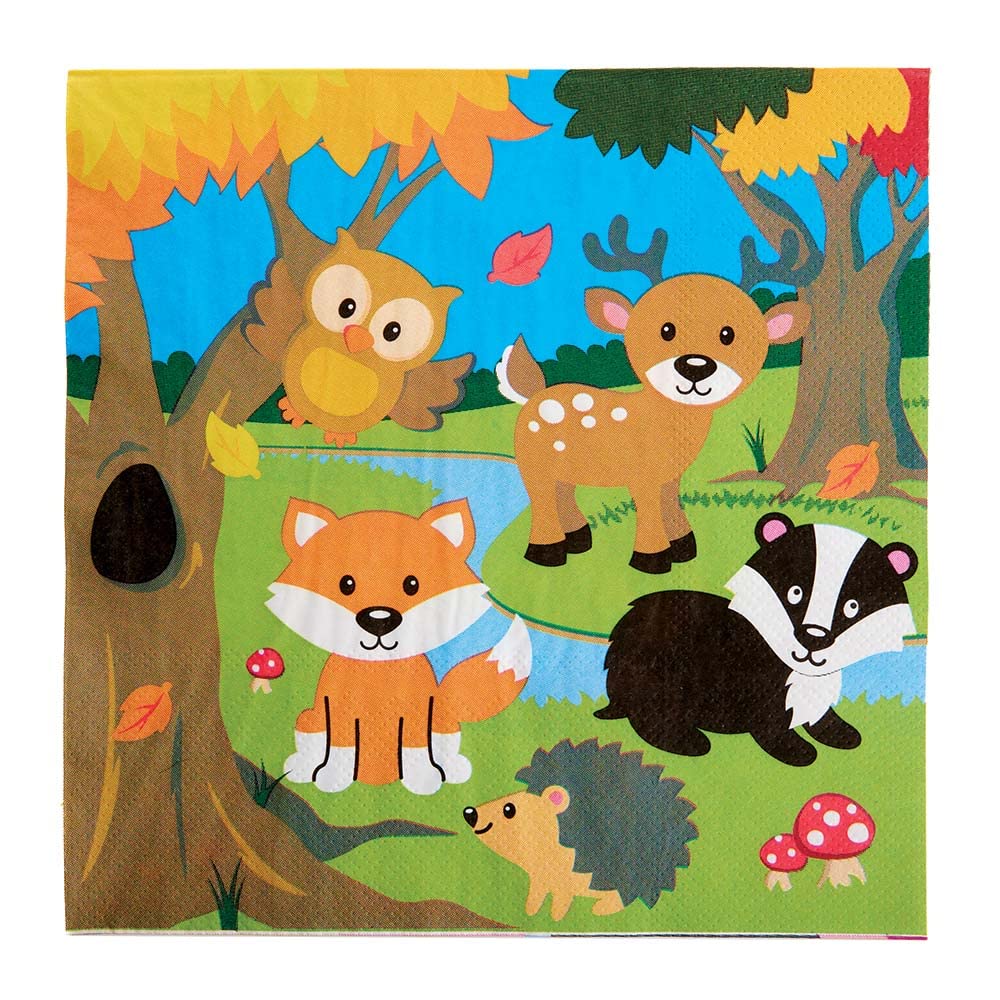 Baker Ross FX160 Woodland Animals Party Napkins - Pack of 20, Disposable Paper Napkins, Kids Party Table Decoration, Birthday Party Supplies, Party Napkins