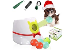 JOLYBAY Automatic Small Dog Ball Launcher - Remote Control Interactive Fetch Machine Thrower for Small and Medium Sized Dogs with 6 High-Bounce Washable Latex Balls, Training Clicker, and Whistle – White