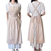 TALIBSA Pinafore Apron Dress,Japanese Cotton Linen Cross Back Apron for Women with Pockets,Pinafore Dress with Waist Ties (Wheat)