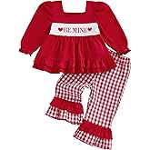 Arvbitana Toddler Baby Girl Valentines Smocked Outfit Long Sleeve Ruffle Dress Tops And Gingham Plaid Pants Two Piece Clothes