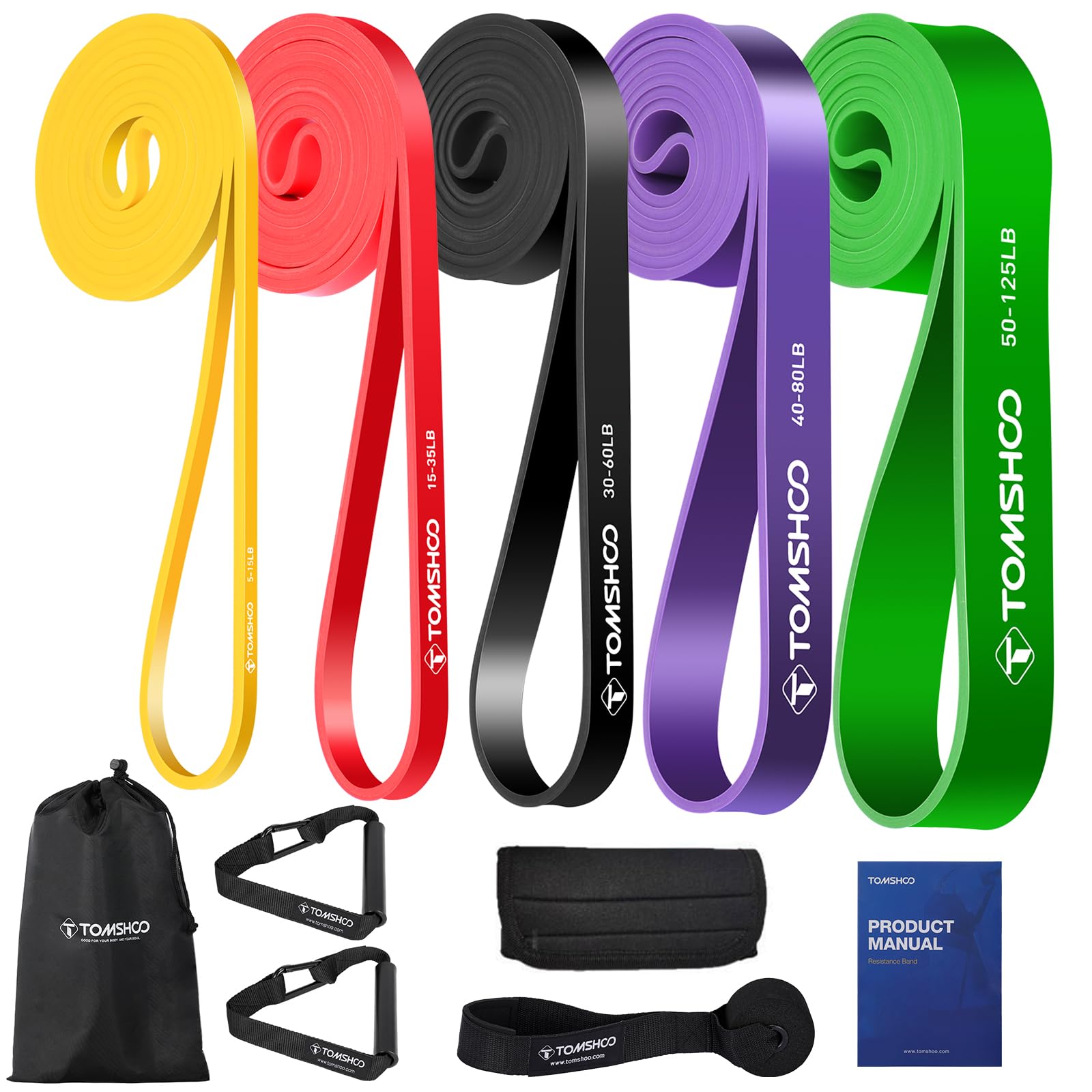TOMSHOO Resistance Loop Bands, 5 Packs Pull Up Assist Bands Set Latex Skin-Friendly with Double Handles and Door Anchor, Workout Bands for Powerlifting CrossFit Stretching Gym Yoga Strength Training