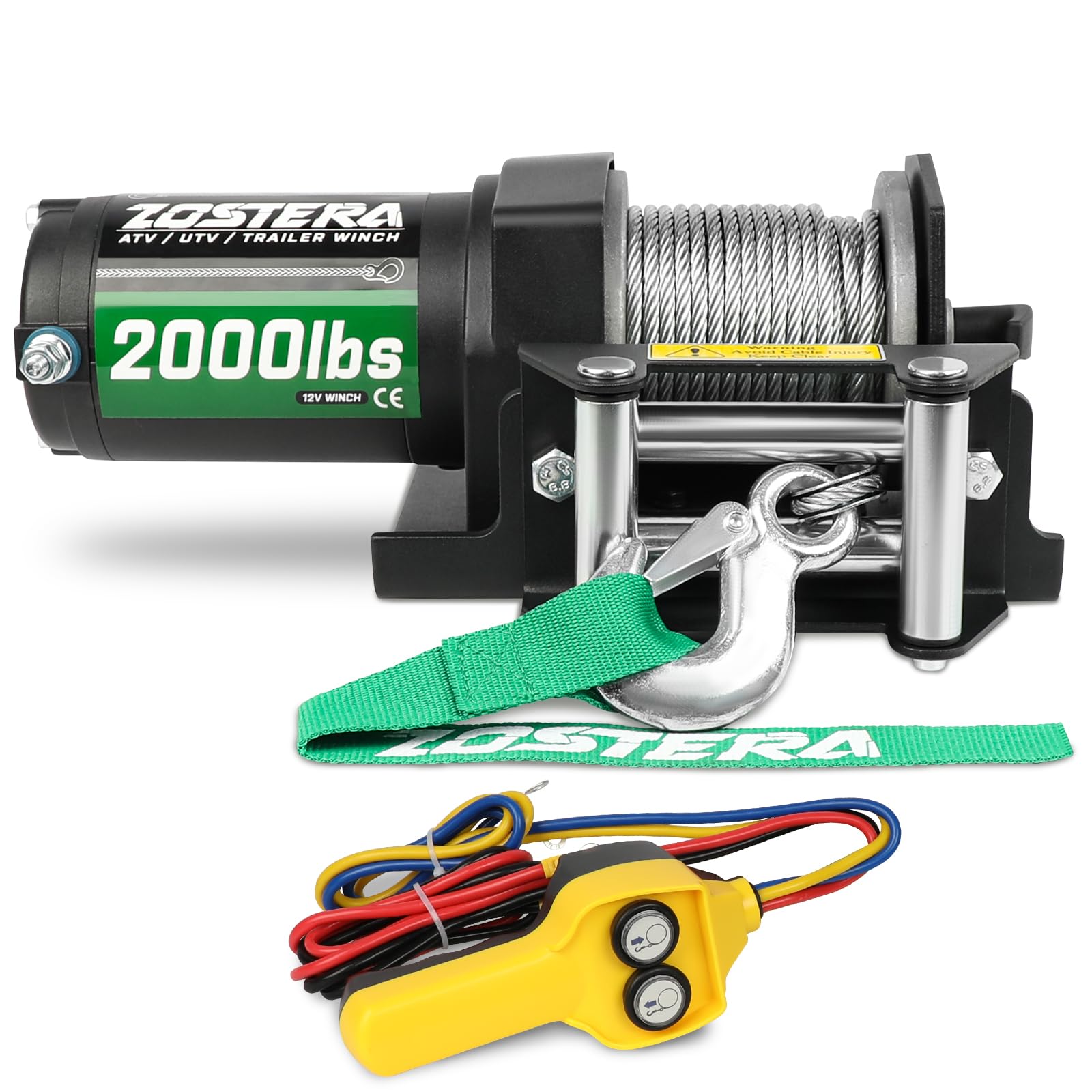 Photo 1 of (images) Zostera 2000lb Winch for ATV, with Steel Cable,ATV Winch with Wired Manual Remote Control Switch,IP65 Waterproof
