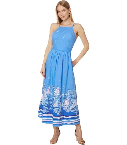 Lilly Pulitzer, Womens, Charlese Eyelet Halter Maxi Dress, Sand Bar Mermaid Tail Metallic Eyelet, 4 at Amazon Women's Clothing store
