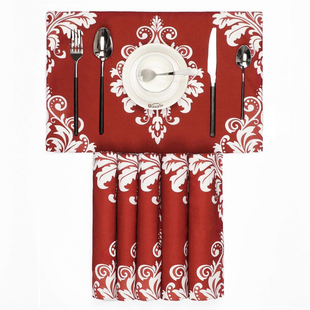 BRAWARM Placemats Set of 6 for Dining Table Damask Floral Table Mats Manual Hand Painted Washable Place Mats for Kitchen Table 12 X 18 Inches Burgundy