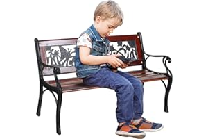 Sophia & William Outdoor Kids Bench Patio Mini Sized Garden Bench with Wooden Seat and Cast Iron Backrest for Porch, Lawn, Backyard and Indoor
