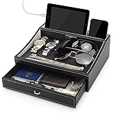 Baoyun Gifts for Dad Mens Nightstand Organizer, Jewelry Box for Men, Mens Dresser Organizer Countertop, Large Capacity Leather Valet Tray for Phones Pad Wallet Key Christmas Gifts for Men