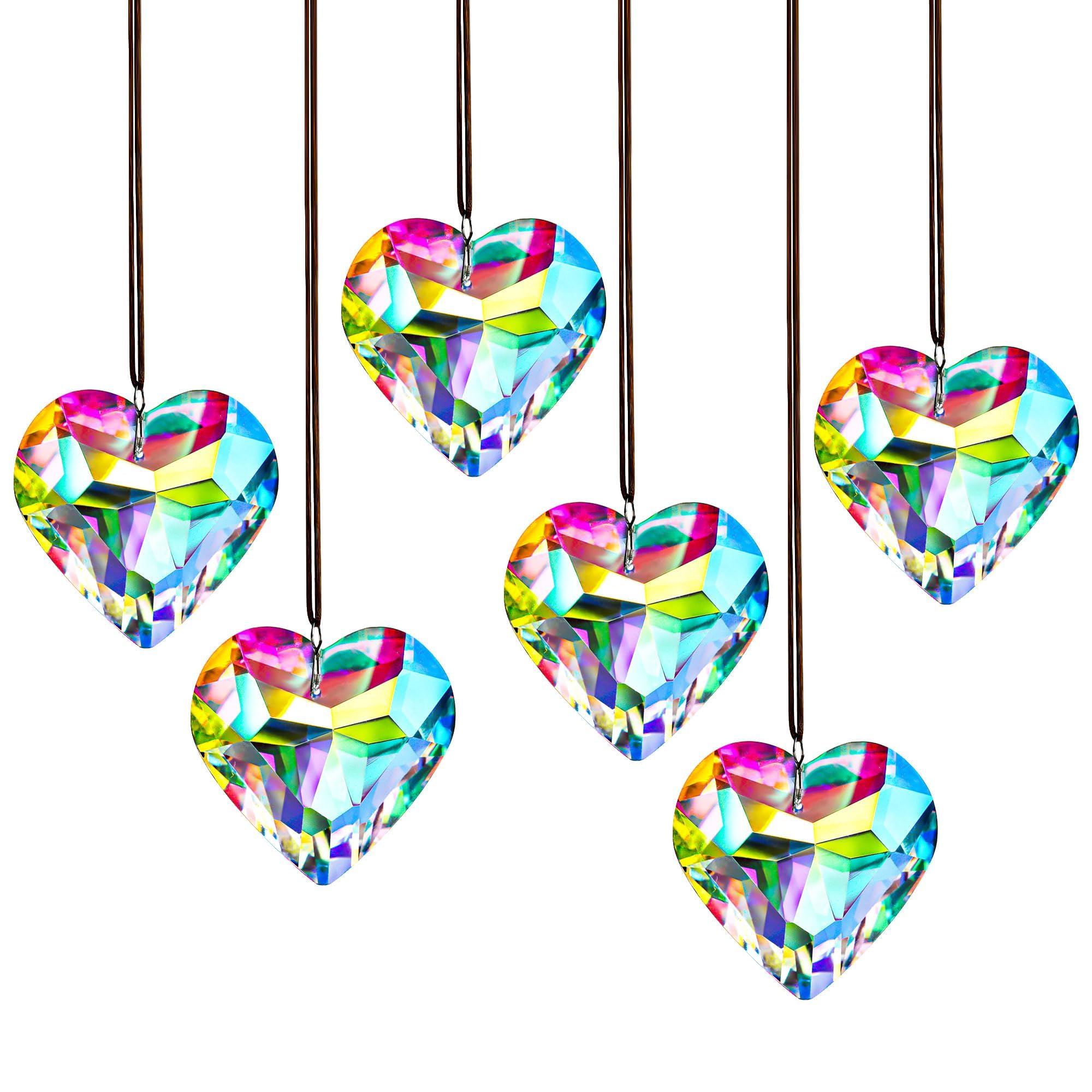 HDCRYSTALGIFTS 6PCS Crystal Love Heart Suncatcher Rainbow Maker Crystal Prism Heart Sun Catcher for Windows Hanging Crystals Wind Chime Glass Ball Hanging Ornaments Indoor Outdoor Home Garden Deco