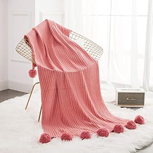 Revdomfly 100% Cotton Knitted Throw Blanket with Pom Poms, Fuzzy & Fluffy Couch Cover Decorative Knit Blanket for Sofa Bed, 50" x 60", Dark Pink