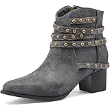 PTUPLYU Women's Ankle Boots Side Zip Ankle Booties Chunky Low Heel Ponited Toe Boots Leather Winter Booties